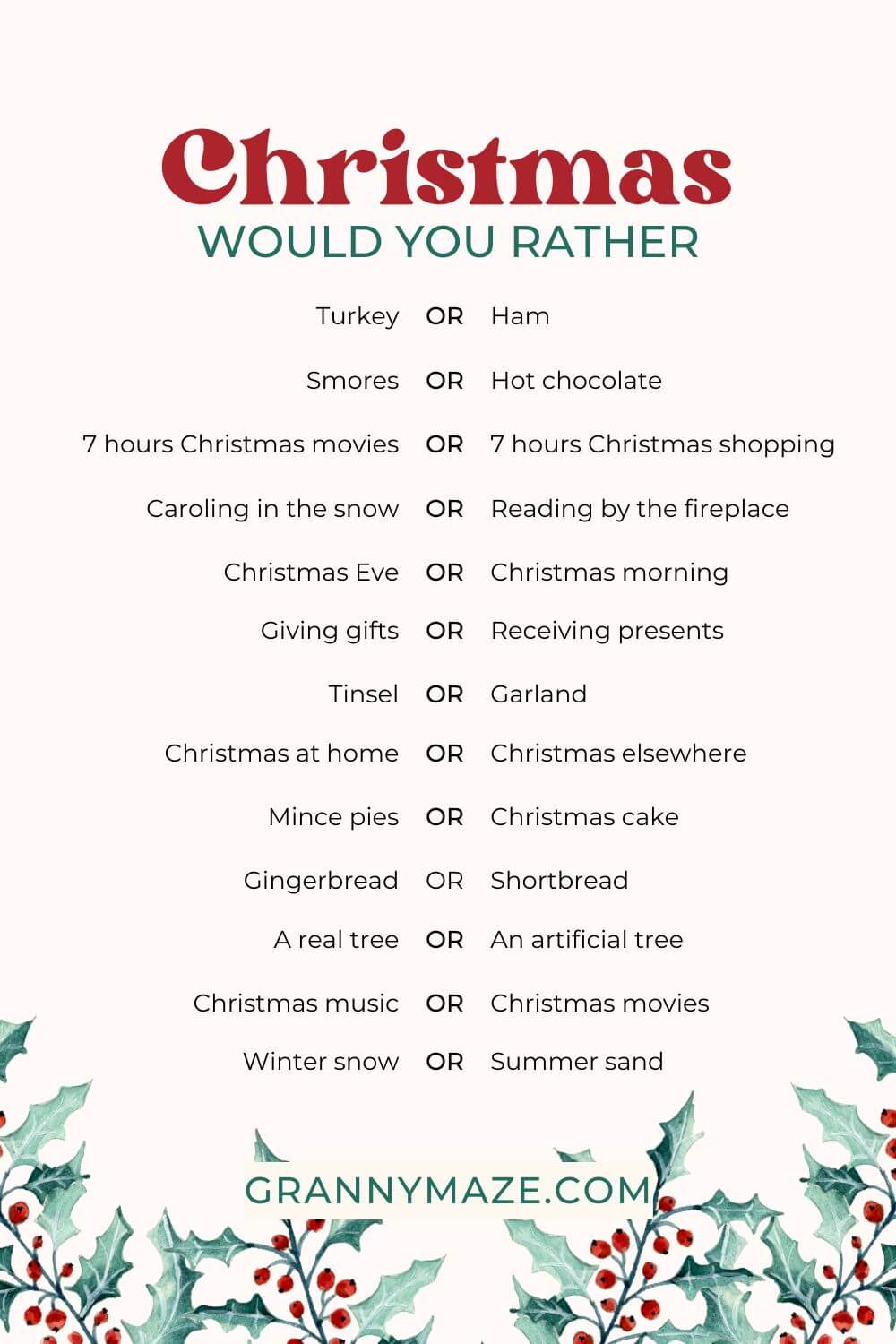 Christmas Would You Rather Game for Seniors: Free Printable Fun